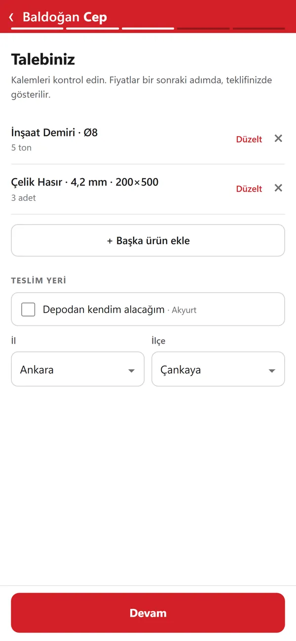Baldoğan Cep — sepet ve teslim yeri ekranı