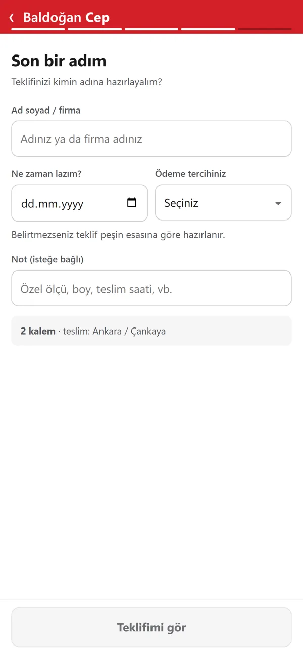 Baldoğan Cep — iletişim bilgileri ve termin ekranı